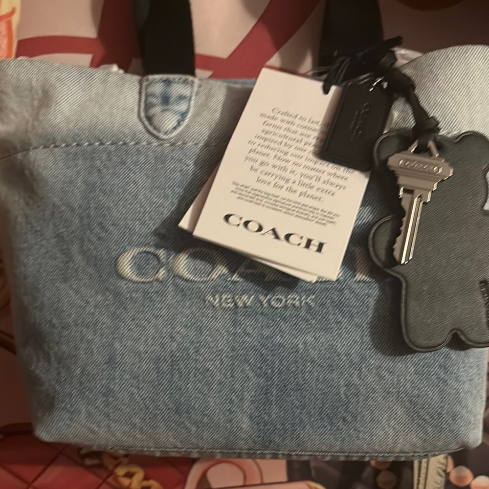 Coach Light Blue Denim Tote with Black Leather Handles